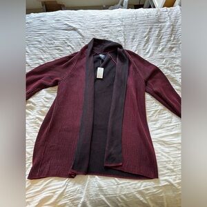 Lands End Red Wine Black Drifter Shaker Open Front Longline Cardigan Size XL